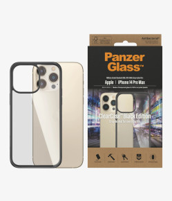 Оригинален твърд гръб от закалено стъкло със силиконов борд PanzerGlass ClearCase за Apple iPhone 14 Pro Max 6.7 прозрачен с черен кант Anti-bacterial